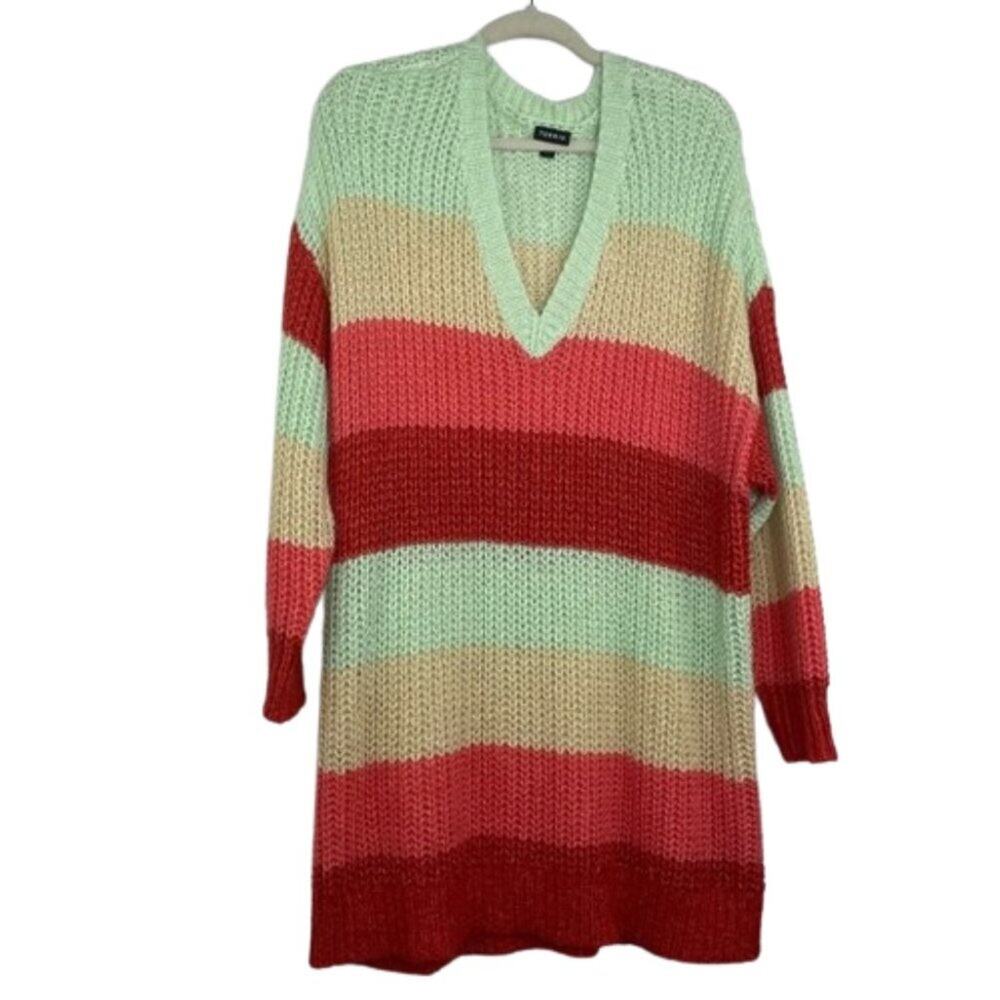 Torrid open striped knit tunic sweater V-neck light green pink peach red size 3